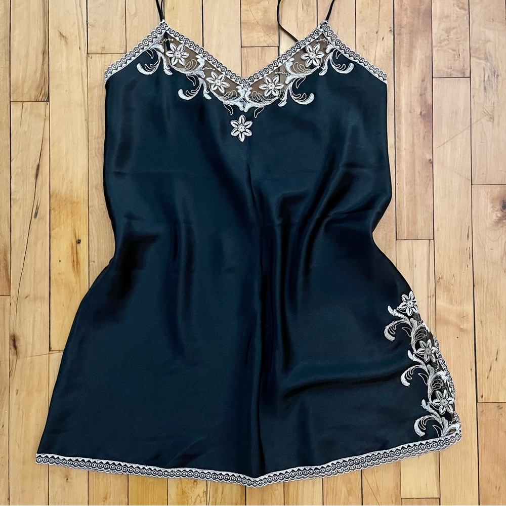 Millesia Black Satin Chemise with Floral Embroidery Made In France